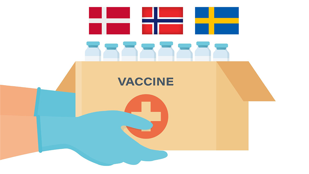 Vaksineleveranse med dansk, norsk og svensk flagg over