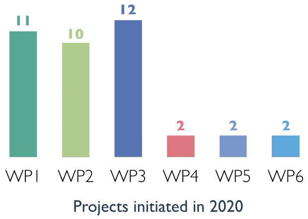 Bar chart showing initiated projects: WP1: 11; WP2: 10: WP3: 12; WP4: 2; WP5: 2; WP6: 2