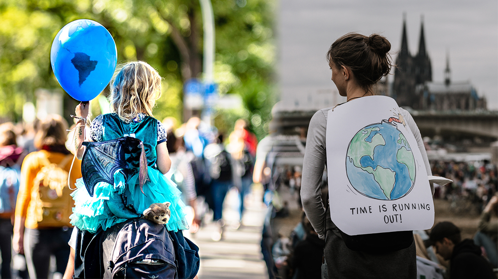 Combination of two photos: a woman with poster saying" Time i running out", and a girl with a ballon illutrating the earth.