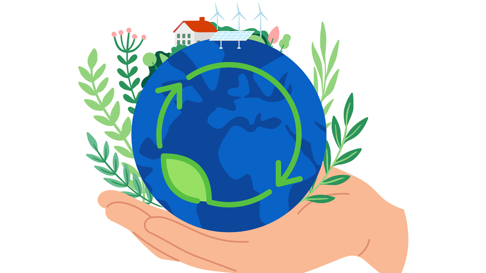 Hand holding planet Earth with green leaves and green energy