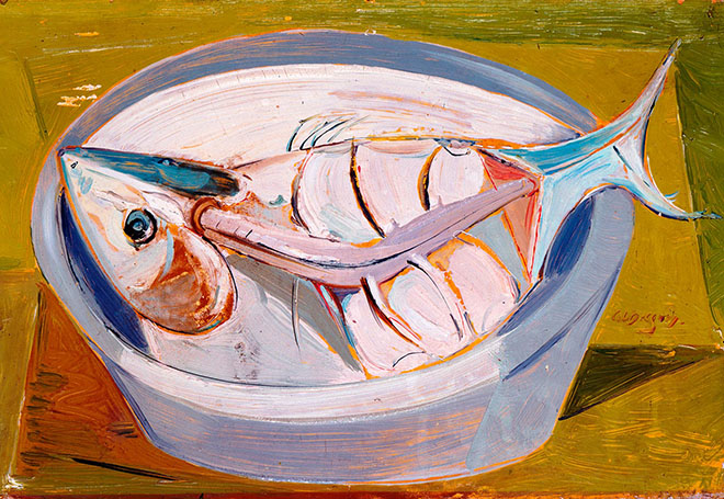 Painting of the rest (bones) of an eaten fish on a plate