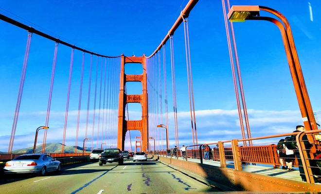Image may contain: bridge, cable-stayed bridge, sky, suspension bridge, landmark.