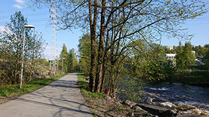 Sykkel- og gangvei i grønt bilfritt område.