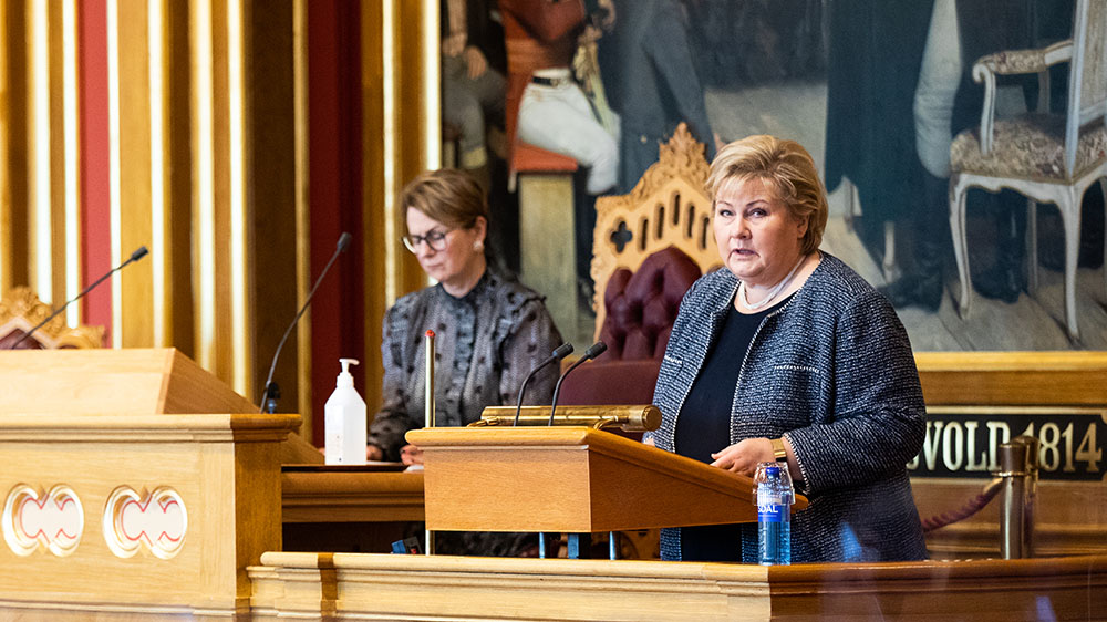 Statsminister Erna Solberg på Stortingets talerstol
