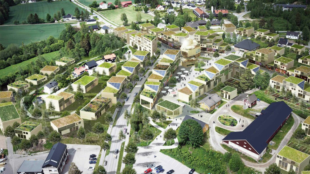 Arkitektmodell som viser framtidens Hurdal sentrum sett fra luften