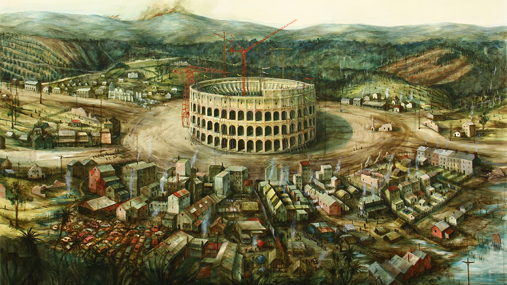 Painting of both urban and rural landscapes and buildings around a Colosseum like building being constructed ny modern equiment.