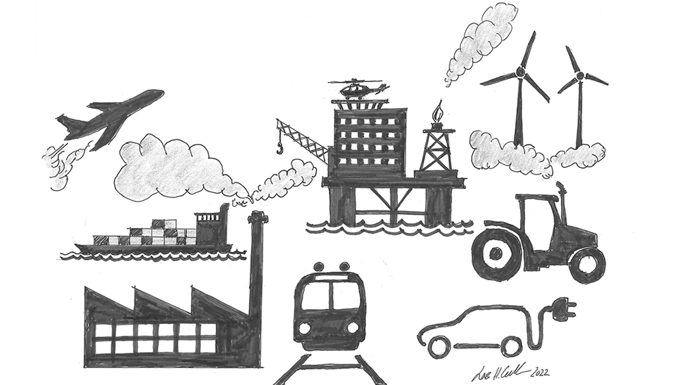 Black and white drawings of a factory, windmills, train, tractor, electric vehicle, oil platform an ship with cargo.
